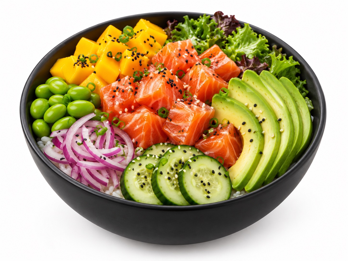 Salmon and mango poke bowl with avocado, edamame and cucumber