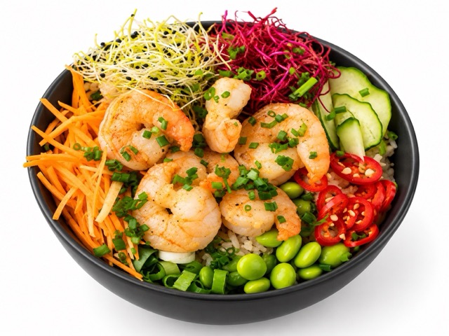 Shrimp poke bowl with carrots, edamame and sprouts