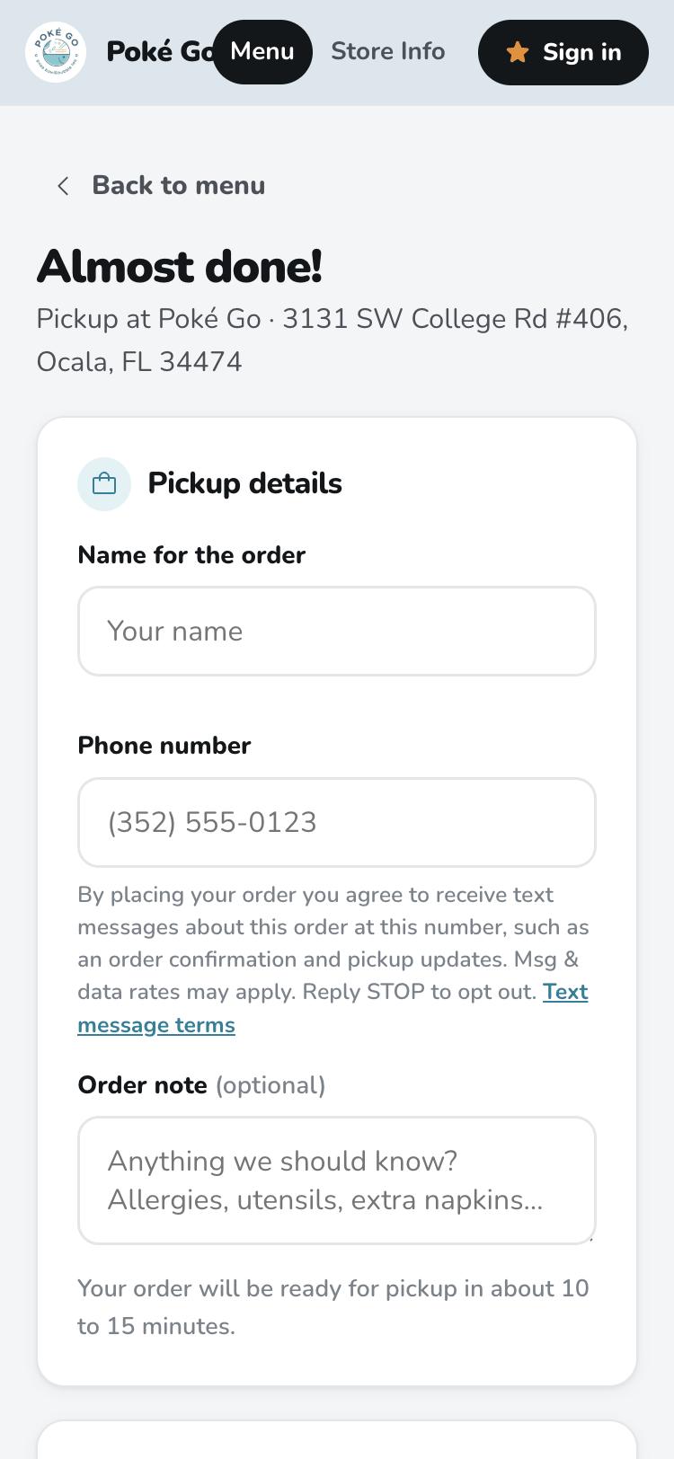 The pokegoapp.com checkout on a phone: the phone number field with the text-message consent notice directly beneath it